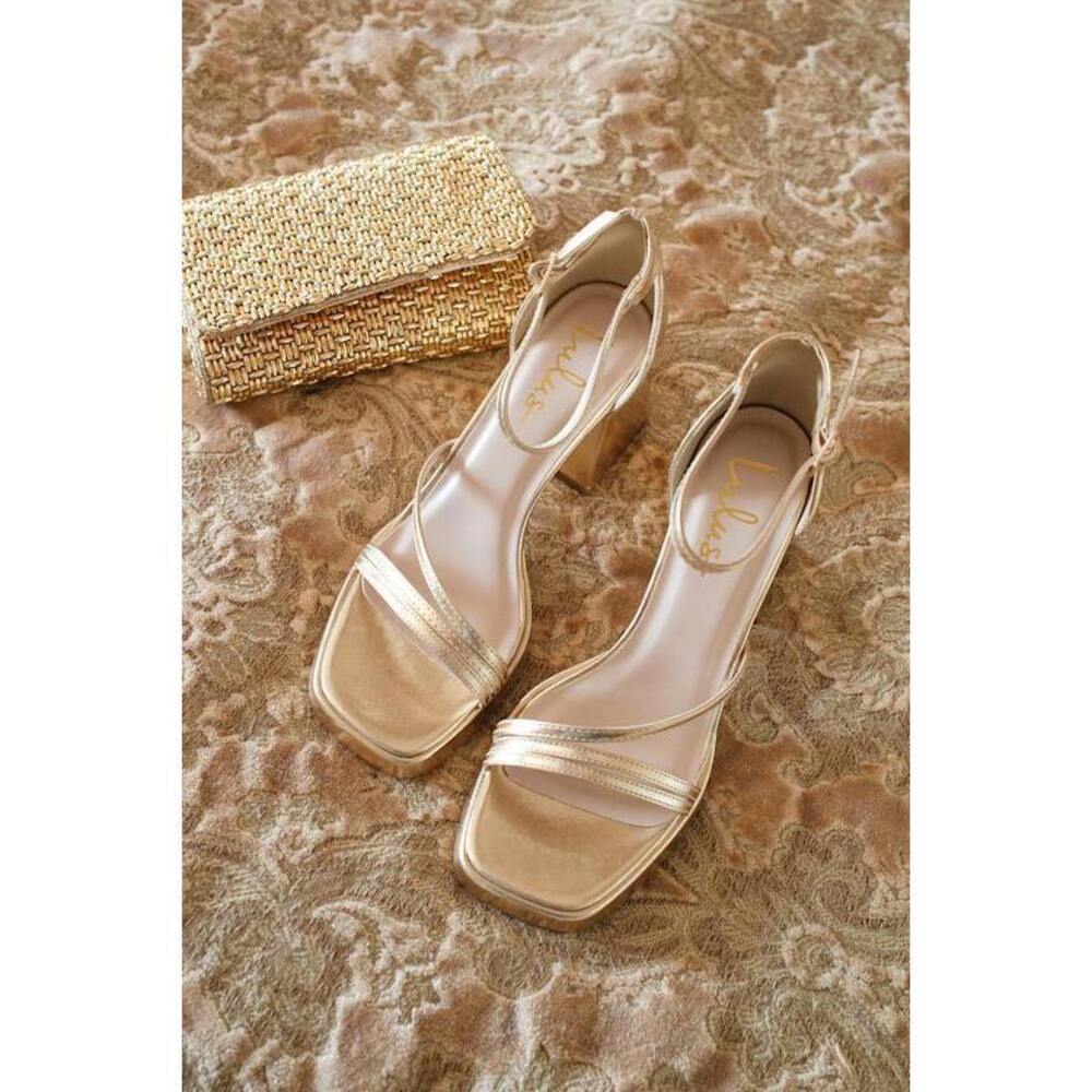 Lulus Antinea Gold Metallic Platform Ankle Strap High Heel Sandals - Size 6